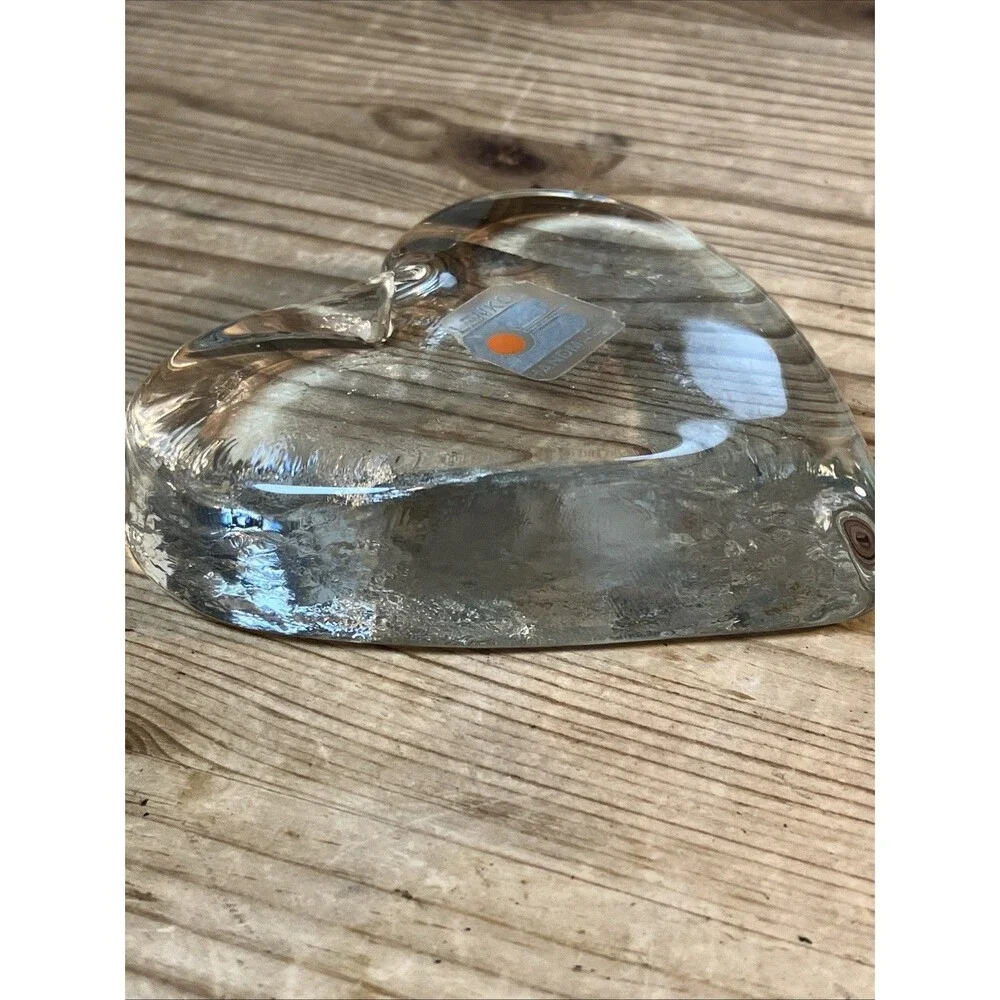 Vintage Blenko Clear Glass Heart Shaped Paperweight With Original Sticker